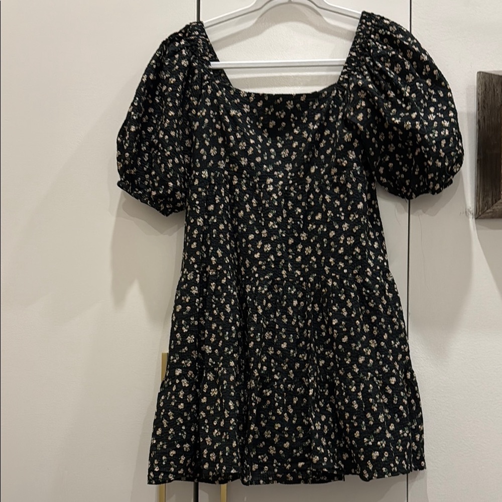 Wayf Black floral Puff Sleeve Mini Dress
